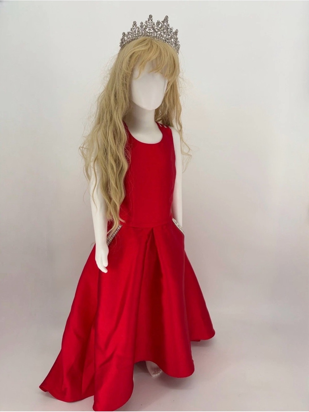 Xtraordinary Red Satin Ball Gown with Sparkle Pocket Trim